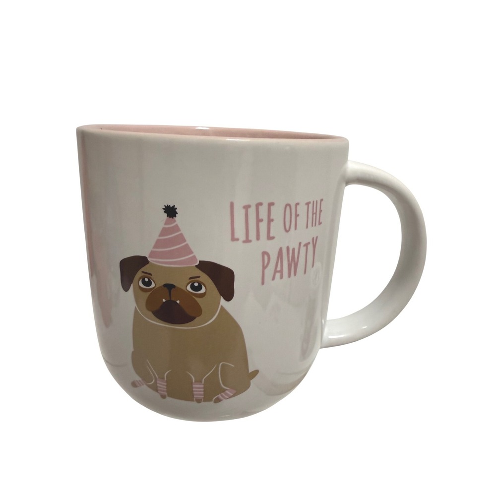Life of the‎ Pawty Pug Dog Birthday Coffee Mug White Pink Ceramic Tea Cup 4.5in